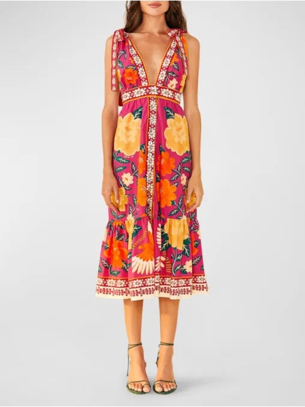 $240 Farm Rio Flower Tapestry Tie-Shoulder Midi Dress XS